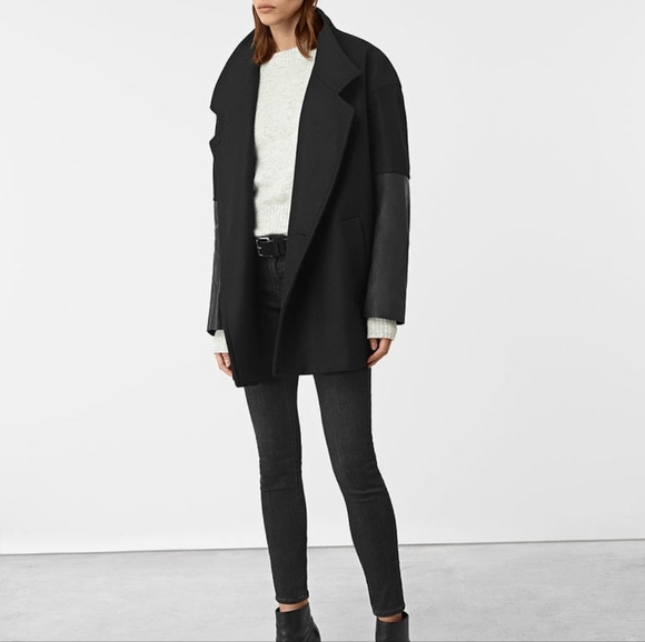 ALLSAINTS Black Wool Leather Coat - Picture 2 of 3